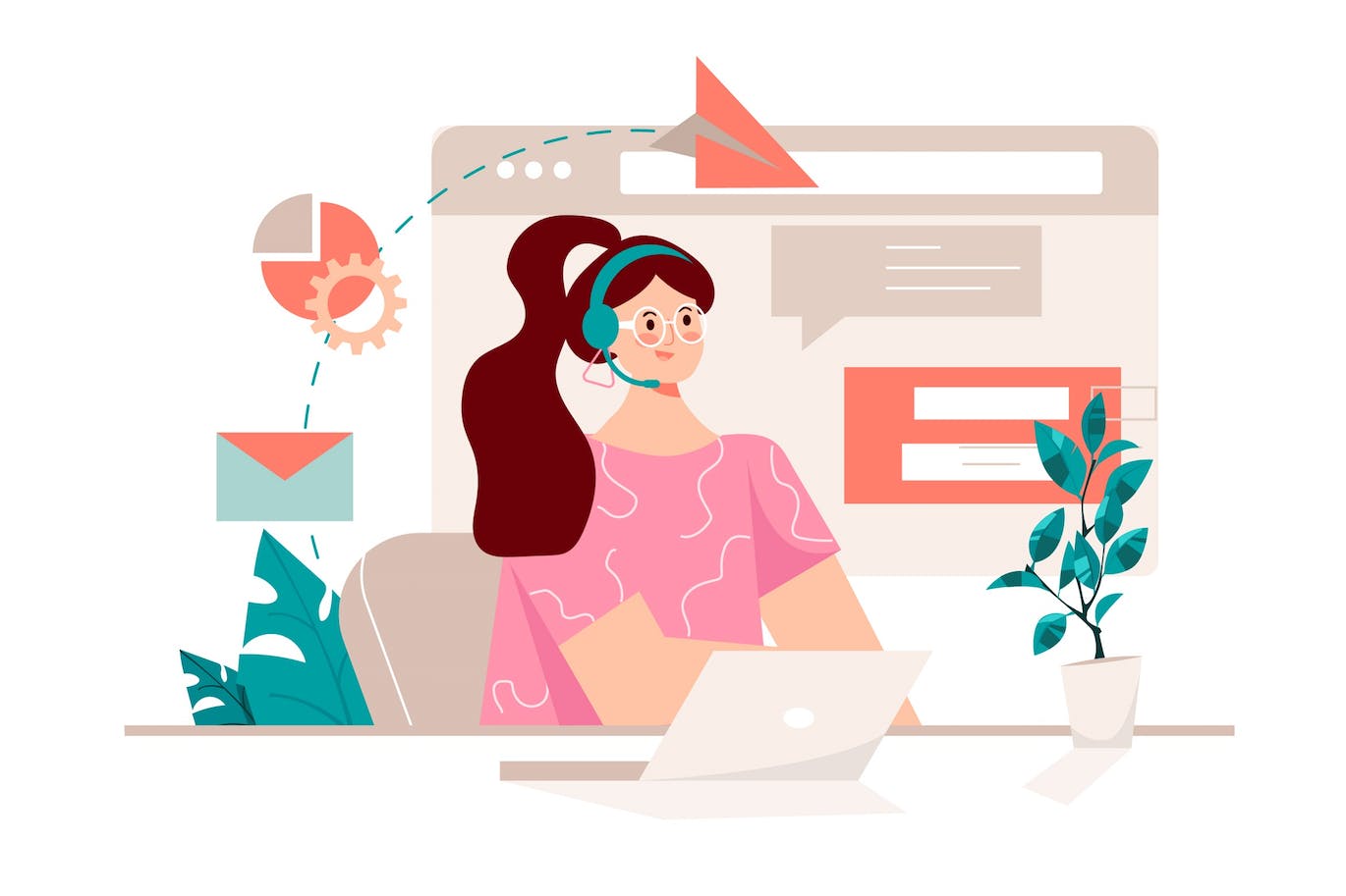 客服帮助概念人物场景卡通插画 Support Pink Concept with People Scene|ABC素材资源网