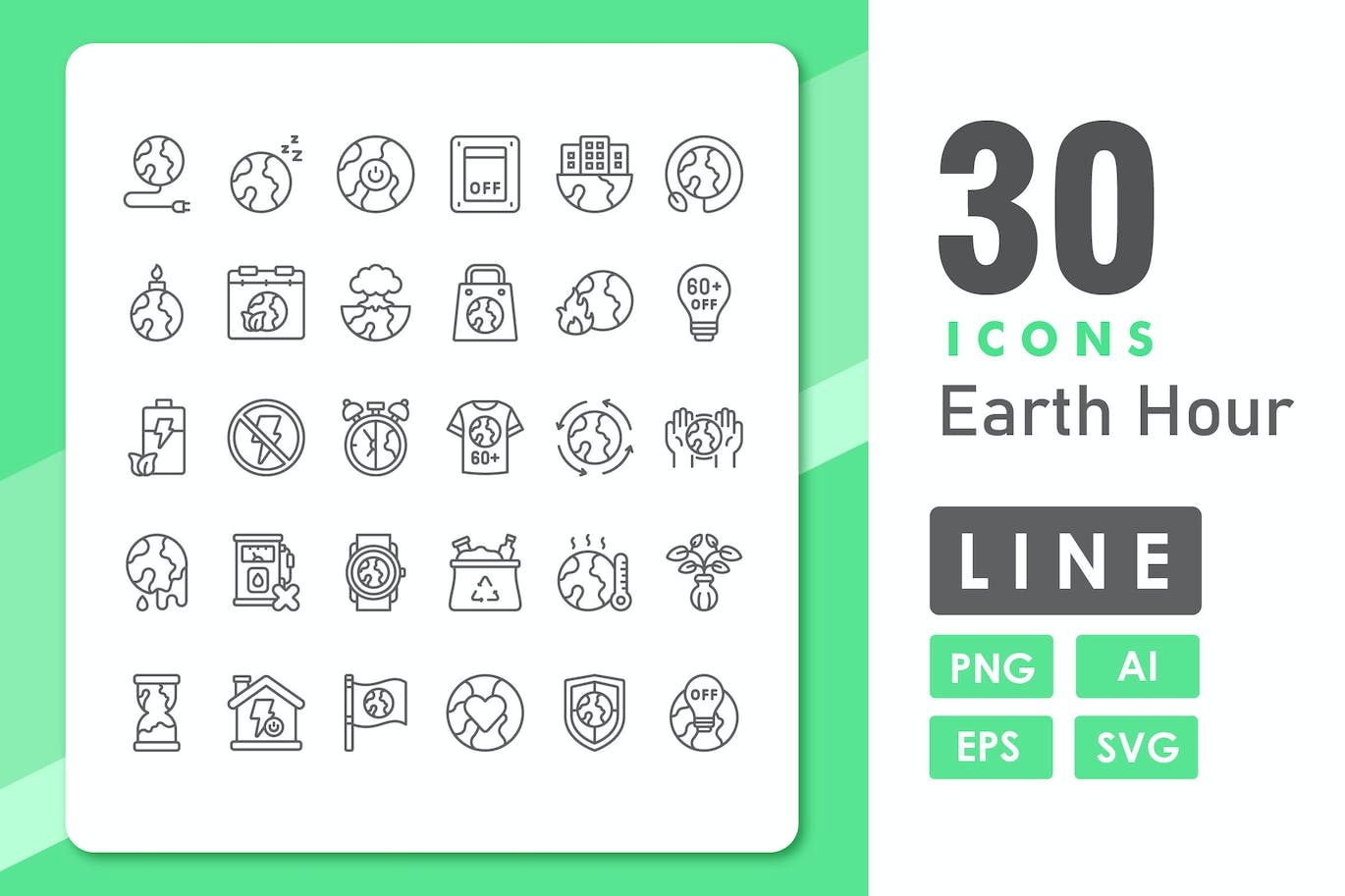 30个线条风格地球一小时图标 30 Earth Hour Icons – Line|ABC素材资源网
