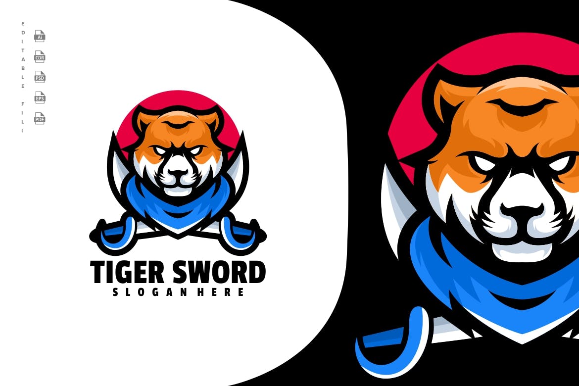 虎剑人物卡通吉祥物标志 Tiger Sword Character Cartoon Mascot Logo|ABC素材资源网