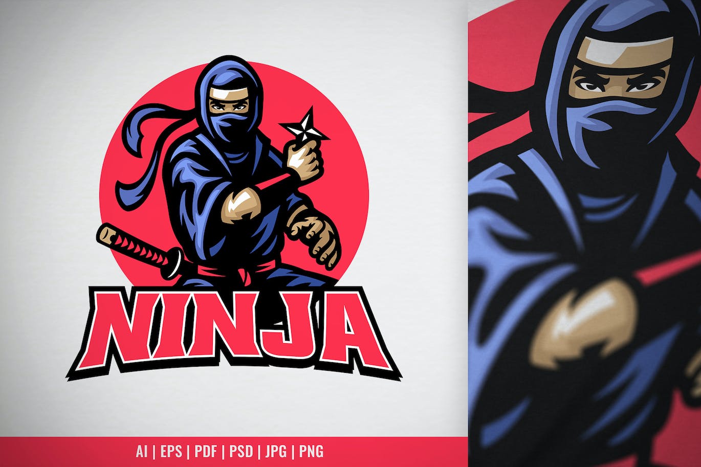 忍者吉祥物Logo徽标设计模板 Ninja Mascot Set Hold the Shuriken Star Weapon|ABC素材资源网