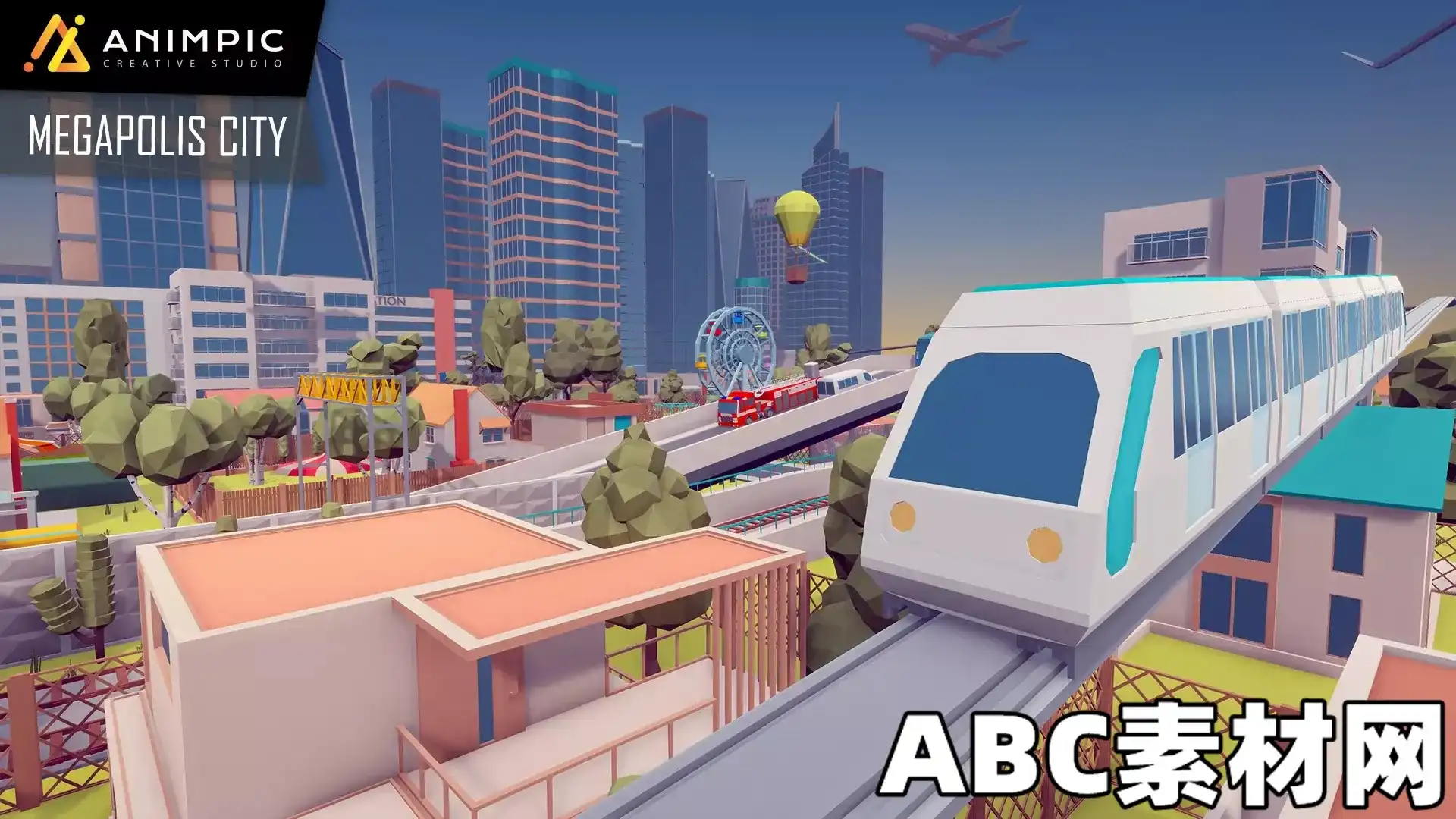 低模多边形城市场景道路铁路3D环境[Unity] POLY – Megapolis City Pack v1.0|ABC素材资源网