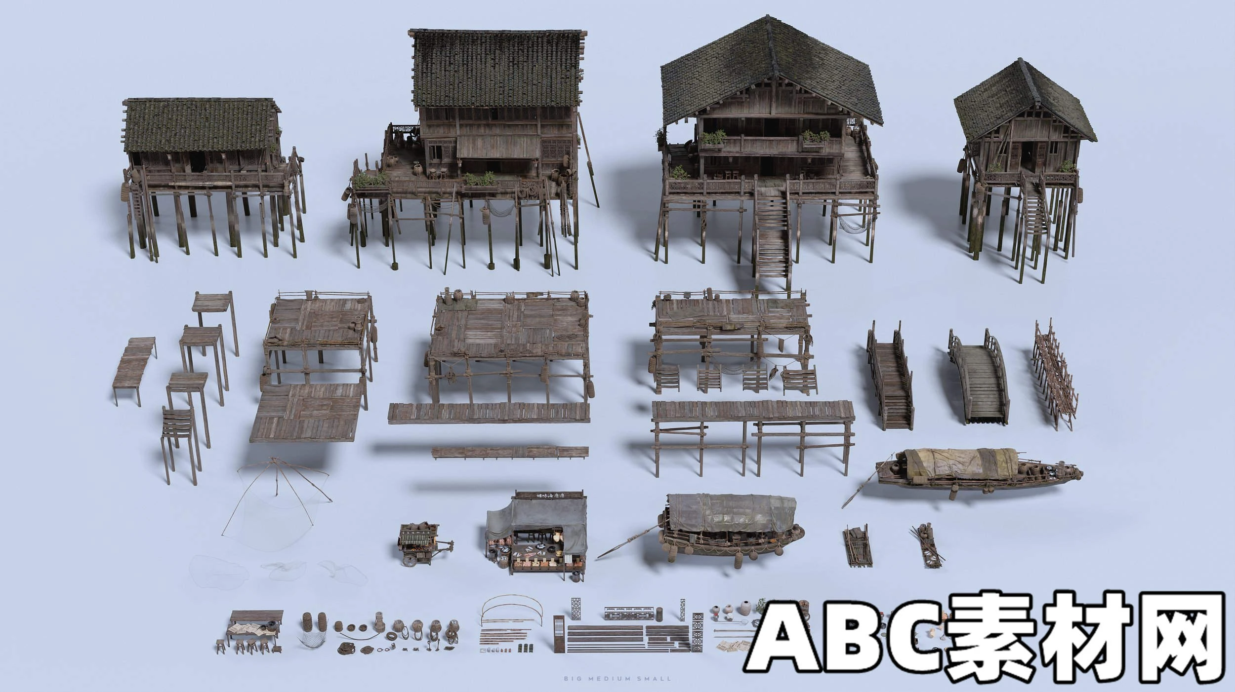 中国风渔村人物角色村庄木屋建筑生活元素3D模型BIG/MEDIUM/SMALL – Water Village(Blender/FBX/OBJ/UE) 3D模型 第2张