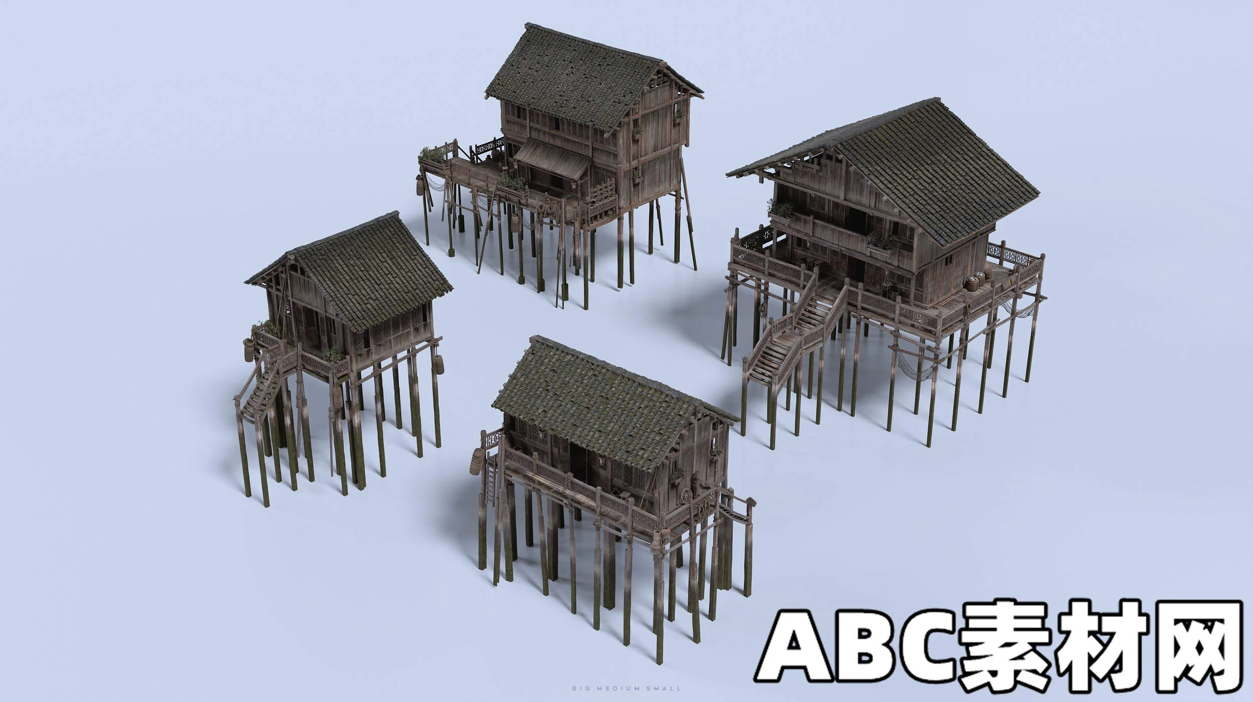 中国风渔村人物角色村庄木屋建筑生活元素3D模型BIG/MEDIUM/SMALL – Water Village(Blender/FBX/OBJ/UE) 3D模型 第3张
