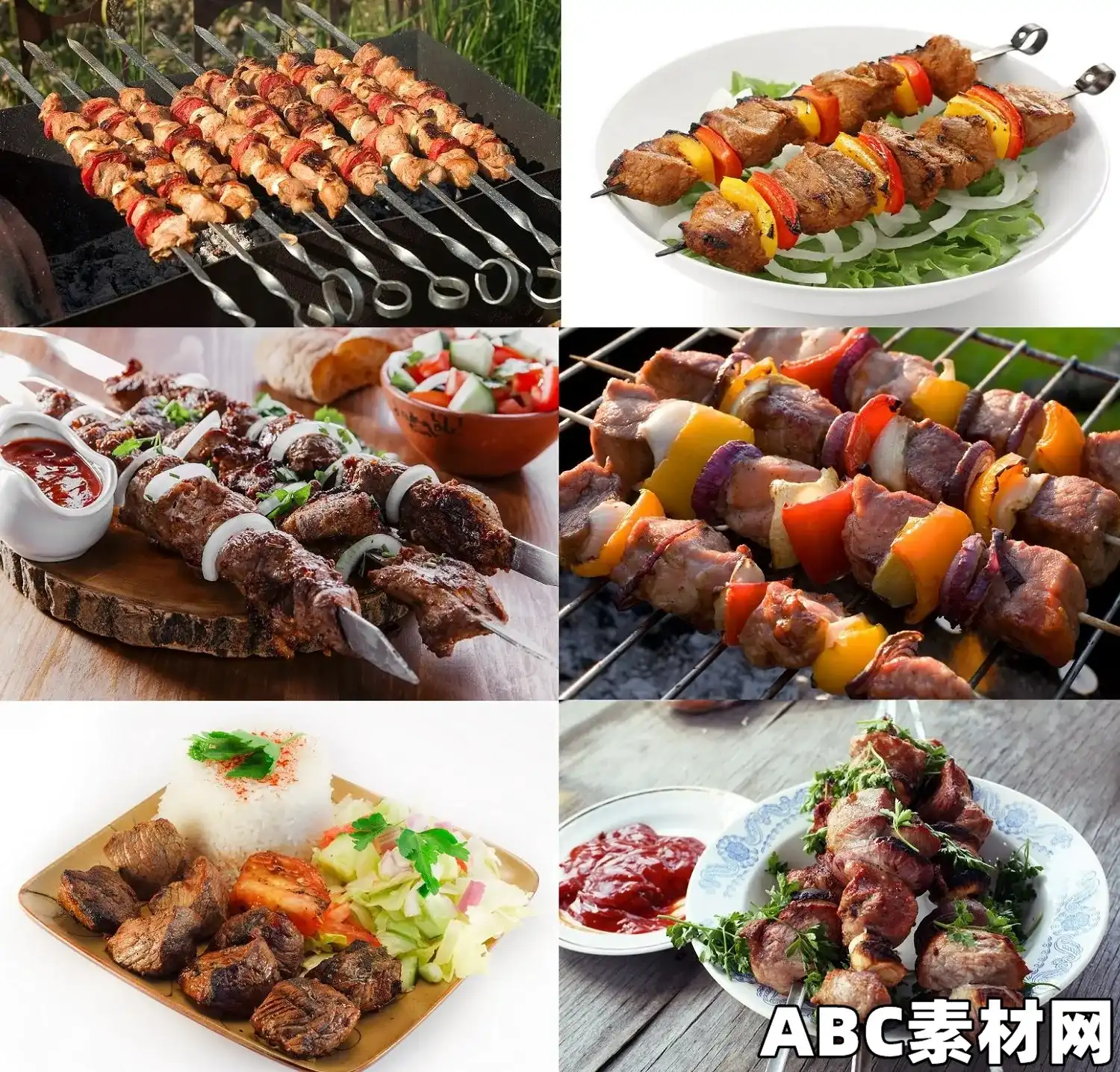 烤肉串什锦烤肉与蔬菜烧烤店海报宣传高清图片素材Shish Kebab on Skewers and Grilled Meat with ...