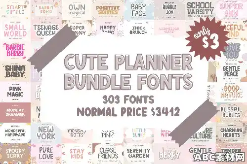 303种优质可爱字体包合集Cute Planner Fonts Bundle – 303 Premium Fonts|ABC素材资源网