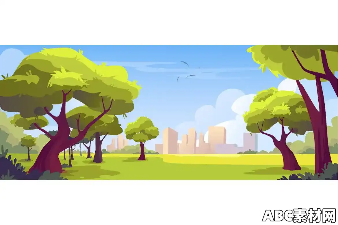 卡通风城市公园夏季绿叶树木和灌木丛背景横幅矢量插图EE – City Park Cartoon Background WXQDQEQ|ABC素材资源网