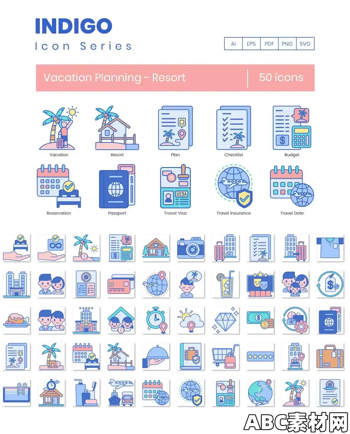 50个靛蓝色度假计划度假村图标设计元素 EE – 50 Vacation Planning – Resort Icons – Indigo ...
