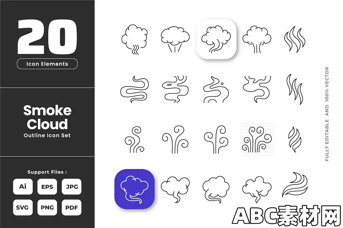 蒸汽热气雾气烟雾轮廓图标集EE – Smoke Outline Icons – Mist Fog Smell Gas Steam ...