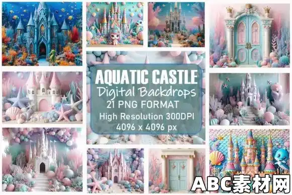 海洋水下城堡海底城堡背景纹理 Fantasy Aquatic Castle Digital Backdrop|ABC素材资源网
