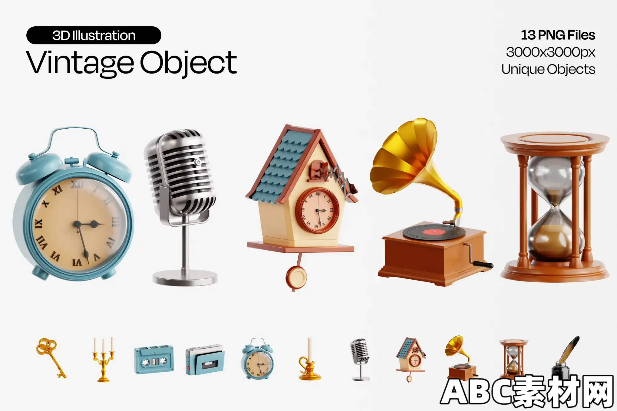 13款复古怀旧物件3D图标合集 Vintage Object 3D Icon Set|ABC素材资源网