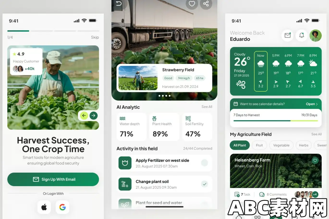 简洁绿色农业产品类移动APP应用界面UI模板AgriGrow – Agriculture Mobile Apps|ABC素材资源网