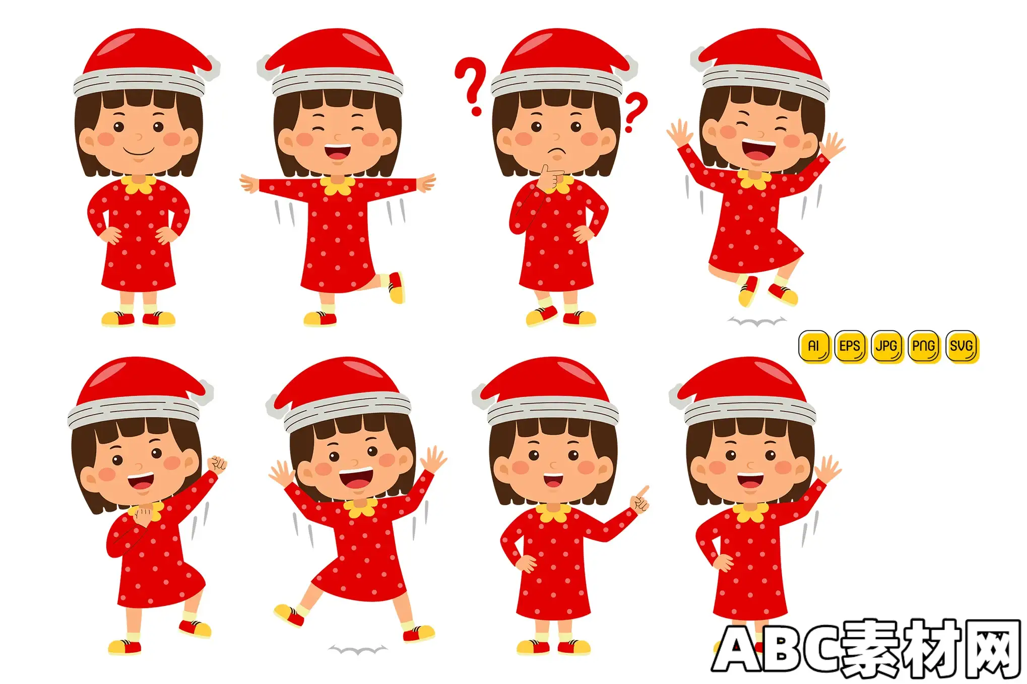 儿童女孩圣诞角色矢量插画素材包Kids Girl Christmas Character Vector Pack #02|ABC素材资源网