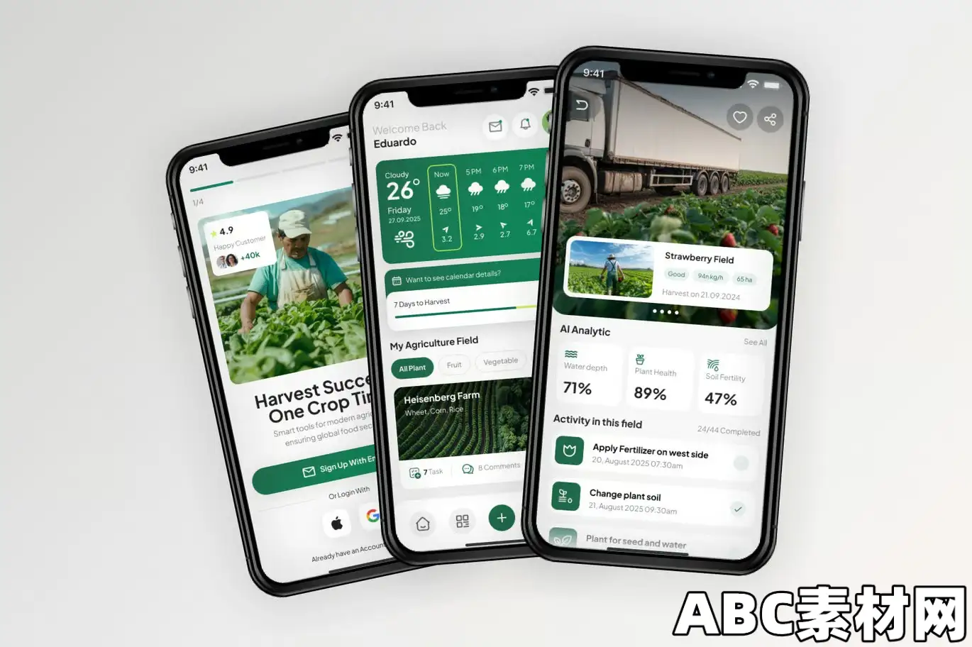 简洁绿色农业产品类移动APP应用界面UI模板AgriGrow – Agriculture Mobile Apps|ABC素材资源网